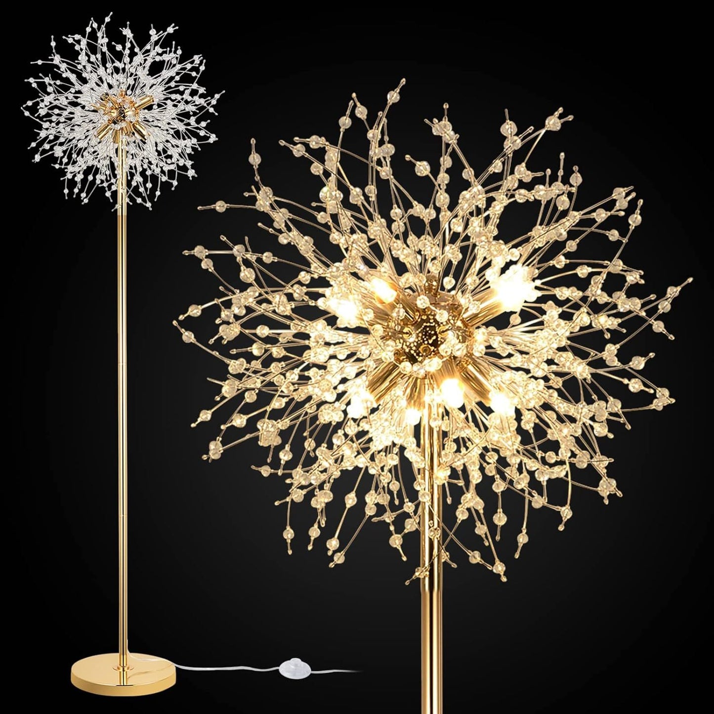 Bedroom Crystal Floor Lamp,,69 Inch High Pole Lamp,Modern Room Decorative Floor Lamp,Includes 32 Fireworks Crystal Suspenders