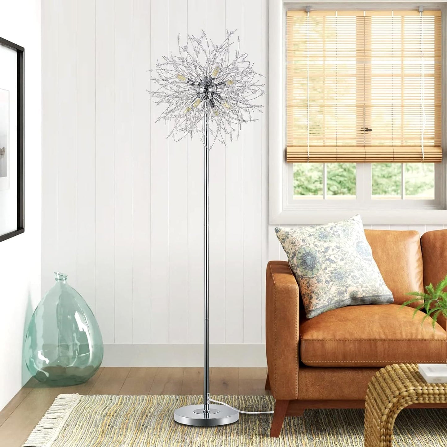 Bedroom Crystal Floor Lamp,,69 Inch High Pole Lamp,Modern Room Decorative Floor Lamp,Includes 32 Fireworks Crystal Suspenders