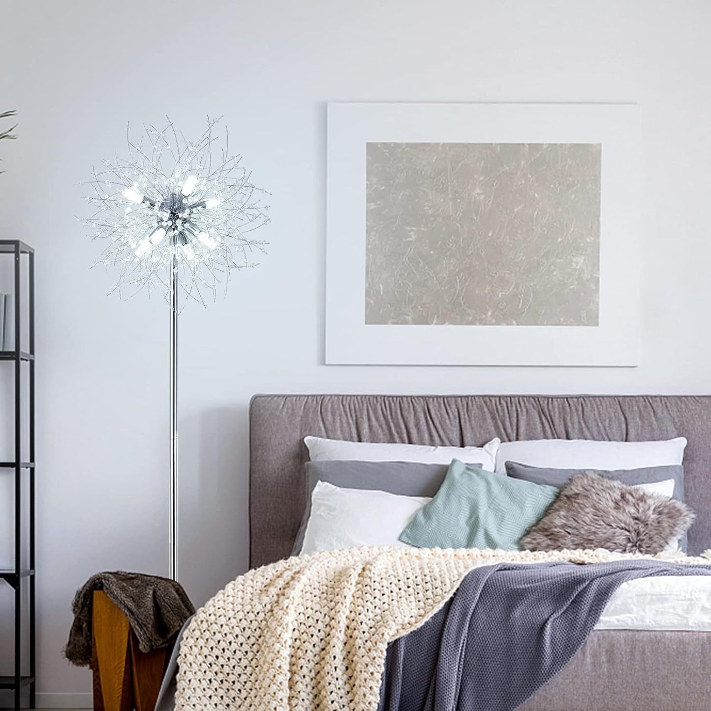 Bedroom Crystal Floor Lamp,,69 Inch High Pole Lamp,Modern Room Decorative Floor Lamp,Includes 32 Fireworks Crystal Suspenders