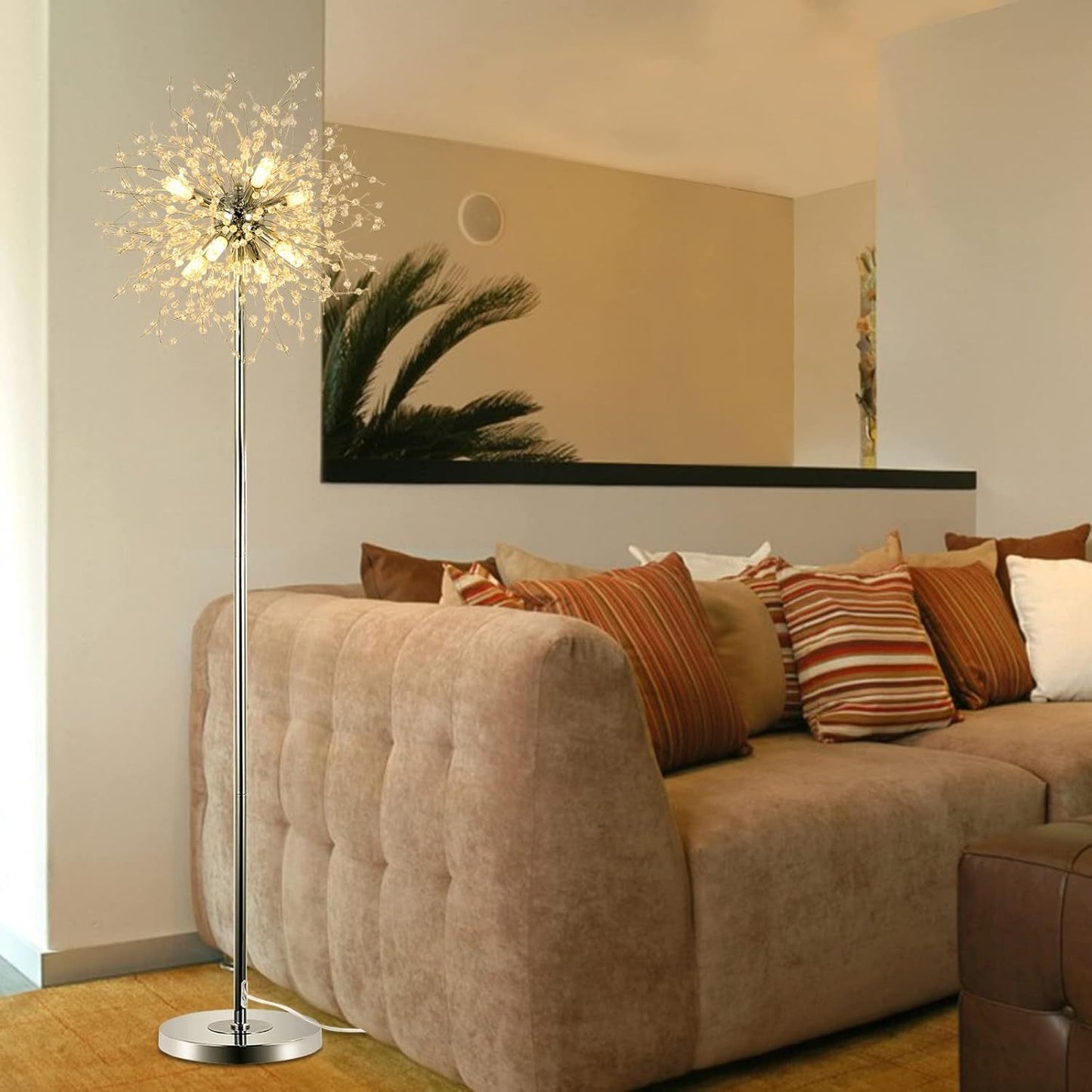 Bedroom Crystal Floor Lamp,,69 Inch High Pole Lamp,Modern Room Decorative Floor Lamp,Includes 32 Fireworks Crystal Suspenders
