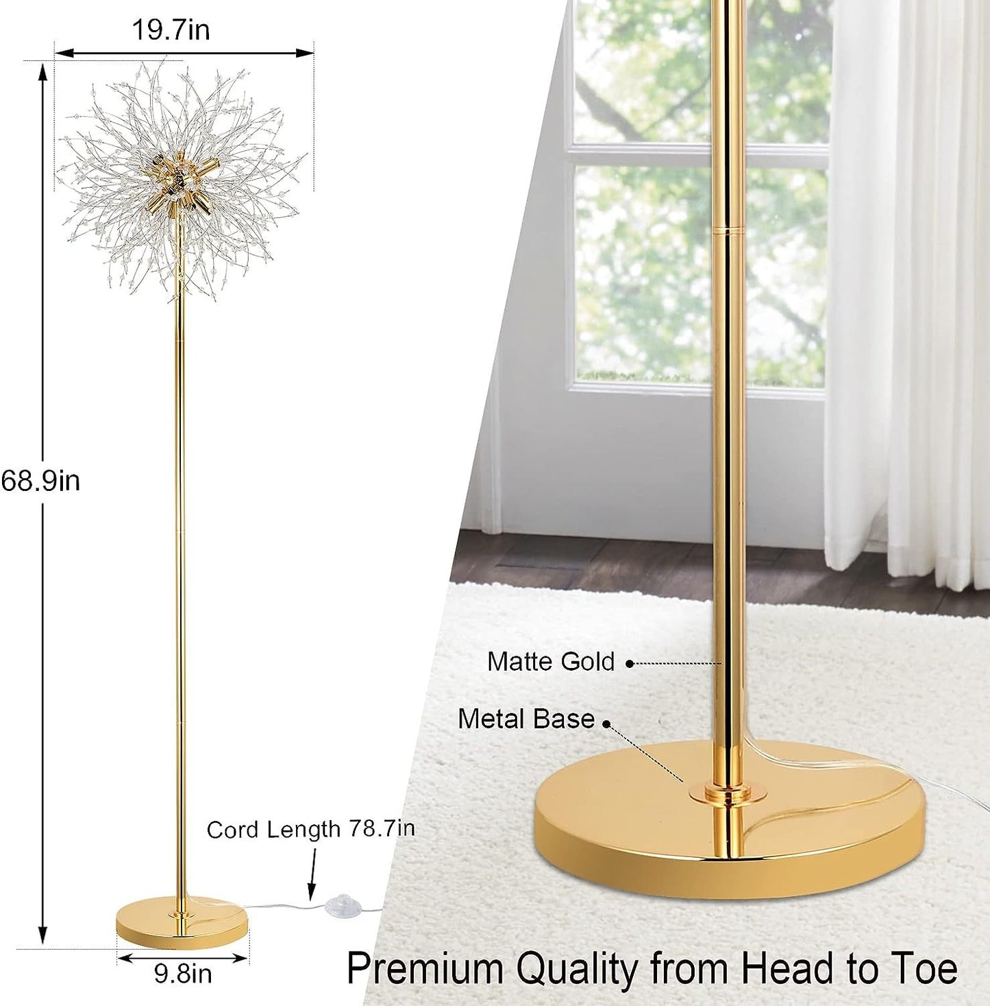 Bedroom Crystal Floor Lamp,,69 Inch High Pole Lamp,Modern Room Decorative Floor Lamp,Includes 32 Fireworks Crystal Suspenders