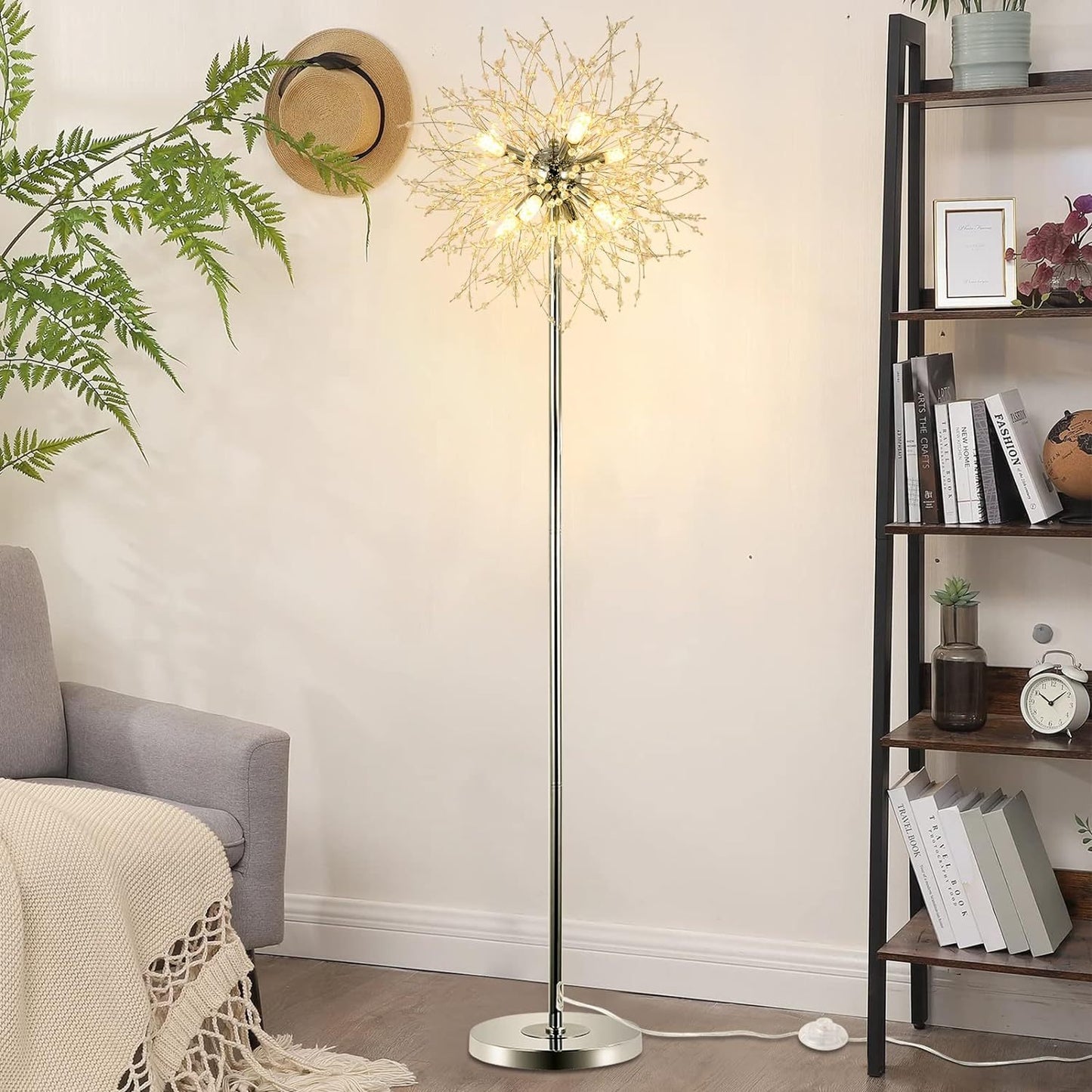 Bedroom Crystal Floor Lamp,,69 Inch High Pole Lamp,Modern Room Decorative Floor Lamp,Includes 32 Fireworks Crystal Suspenders