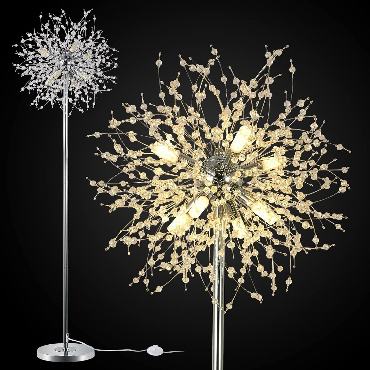 Bedroom Crystal Floor Lamp,,69 Inch High Pole Lamp,Modern Room Decorative Floor Lamp,Includes 32 Fireworks Crystal Suspenders
